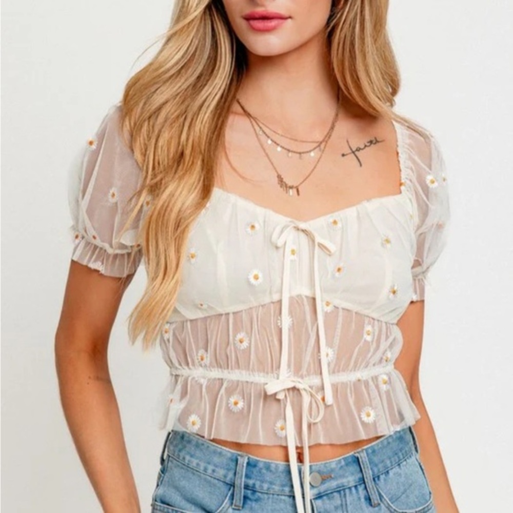 Le Lis Cream Sheer Daisy Embroidered Crop Blouse